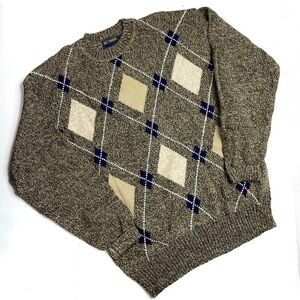 Vintage Cotton Blend Brown Speckled Academia Argyle Knit Sweater